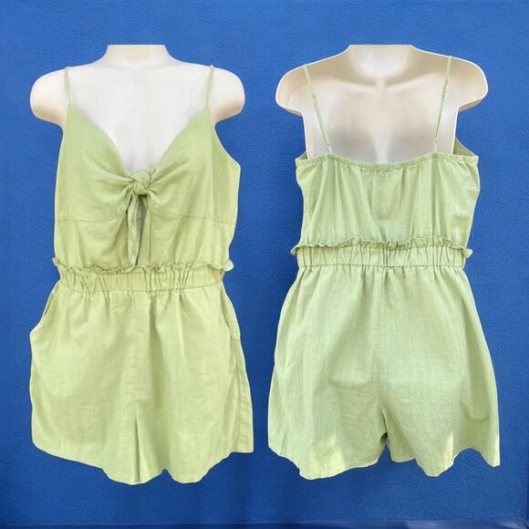 One Clothing Cotton Pastel Green Tie Front Romper Size L paperbag waist pockets - Picture 1 of 14